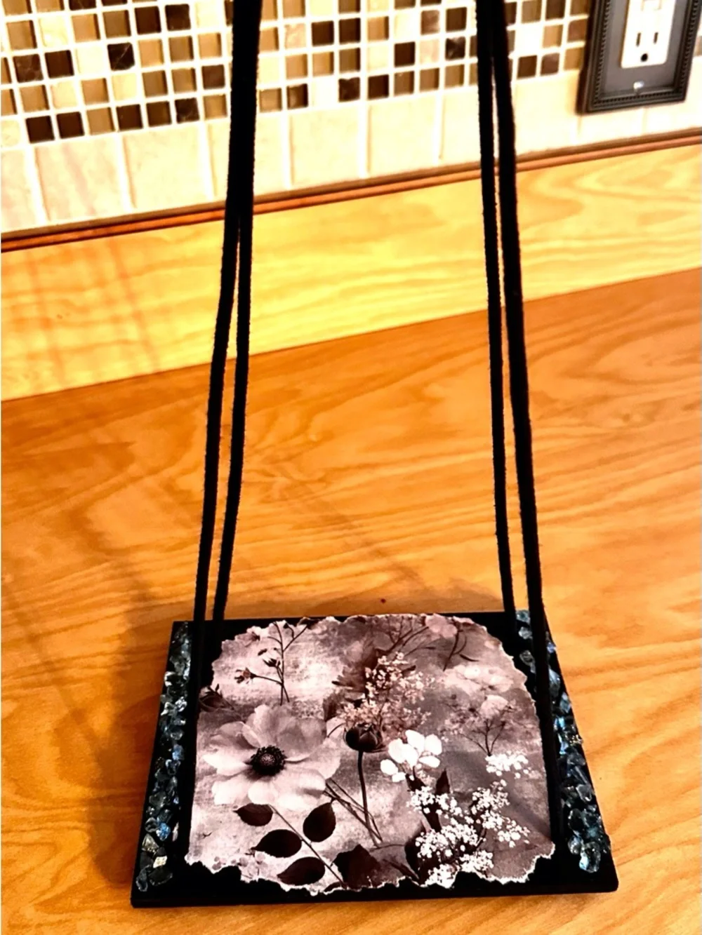 Hand crafted Floral Hanging shelf with Black Cord
